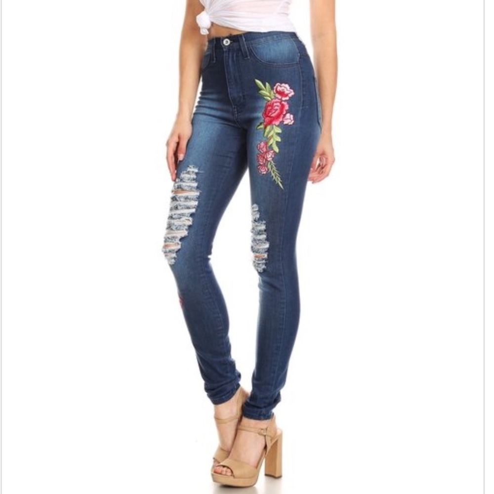 Flower embroidery distressed high rise jeans